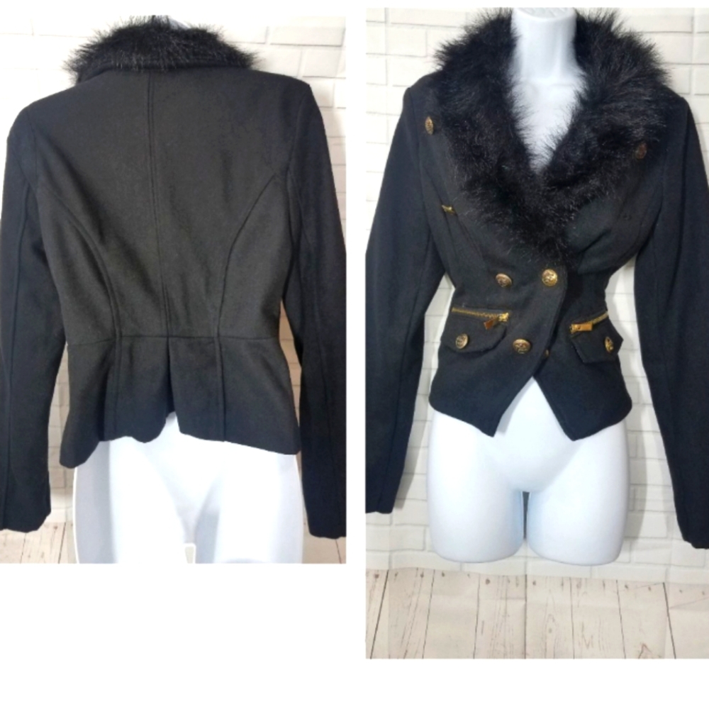 Black Wool Blend Faux Fur Jacket